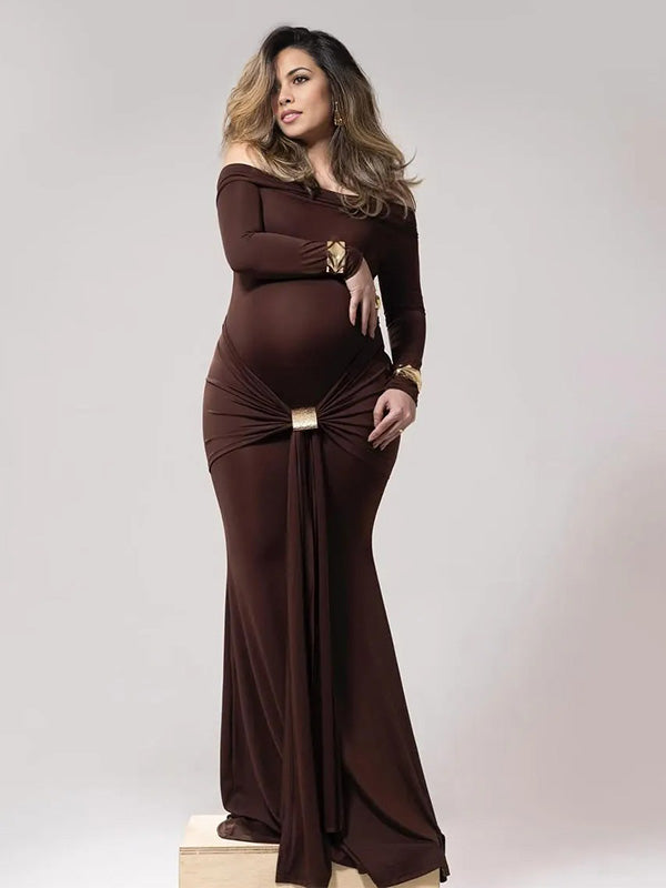Chic-0ff Shoulder Bodycon Photoshoot Maternity Shoot Maxi Dress
