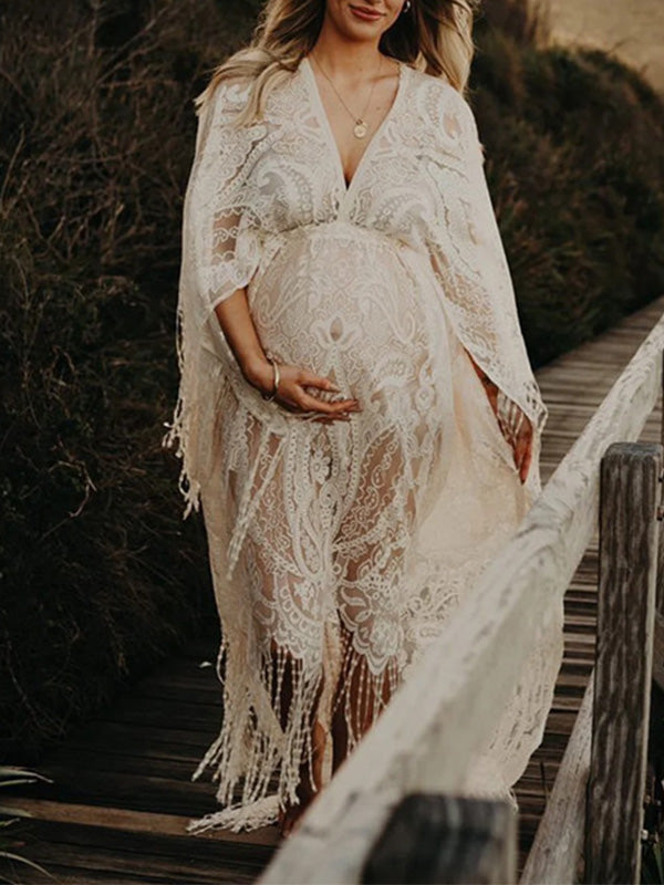 Lace- Boho V-Neck Photoshoot Maternity Shoot Maxi Dress