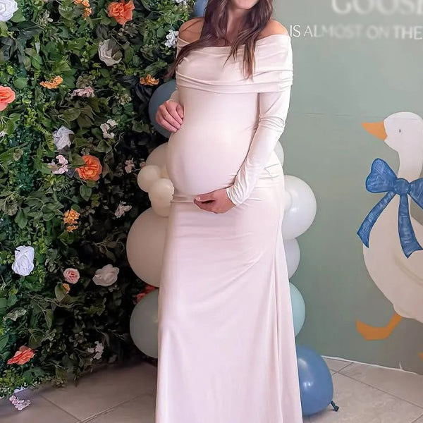 Chic- Slim-Fitted Off-Shoulder Long Sleeves Maternity Maxi Evening Gown Dress