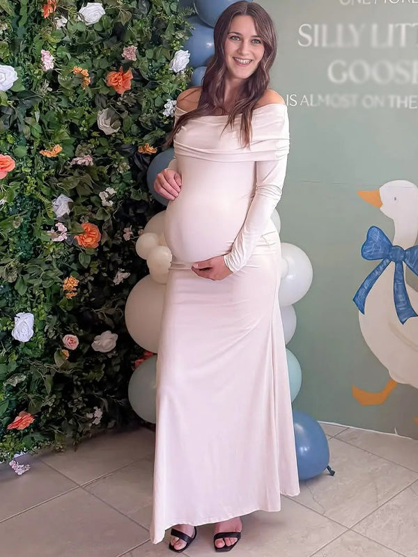 Chic- Slim-Fitted Off-Shoulder Long Sleeves Maternity Maxi Evening Gown Dress
