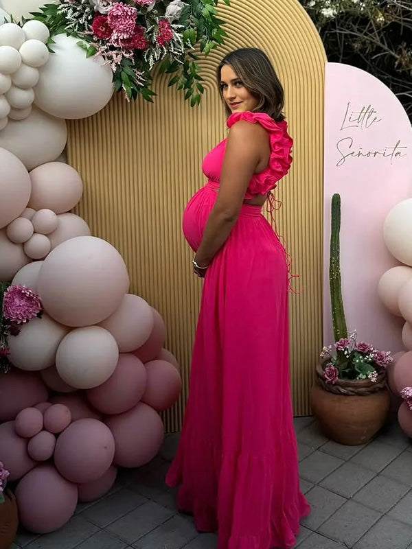 Chic-Ruffle Crisscross Back Maternity Maxi Dress