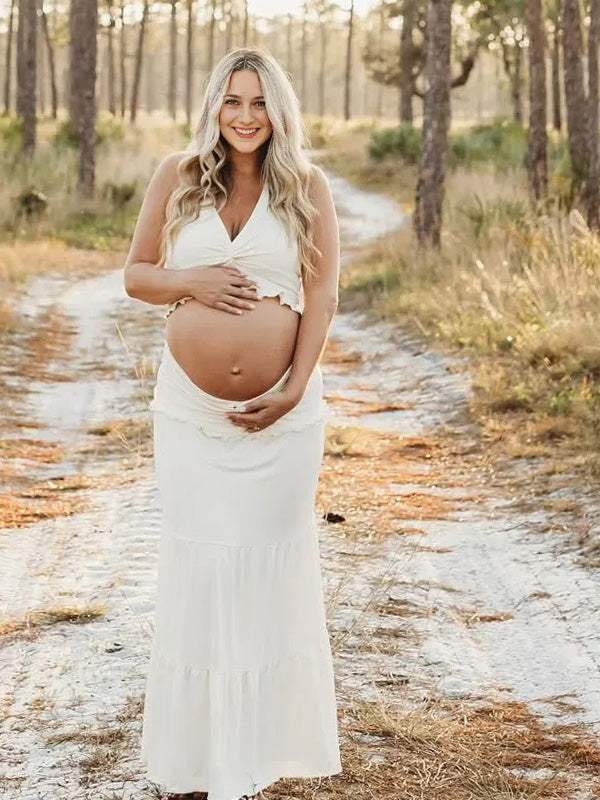 Crop-2-Piece Halter Maternity Maxi Dress