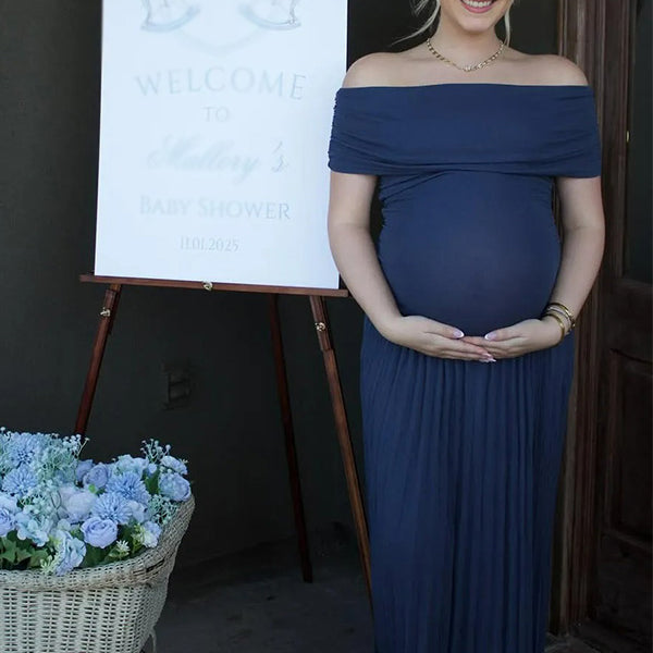 Casualwear-Off Shoulder Pleated  Maternity Maxi Dress