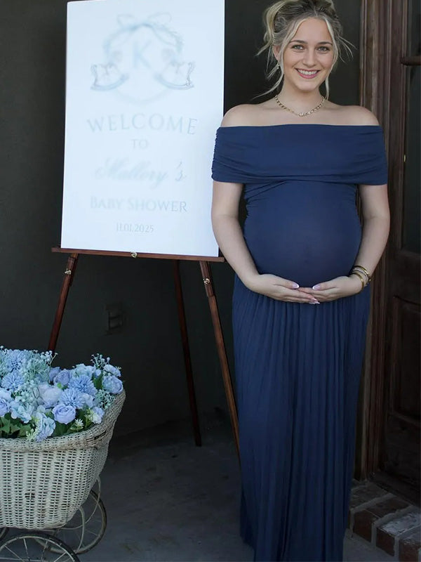 Casualwear-Off Shoulder Pleated  Maternity Maxi Dress