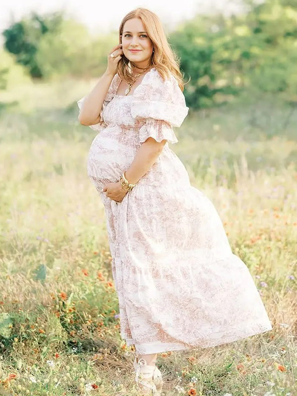 Chic-Floral Puff Sleeve Maternity Maxi Dress