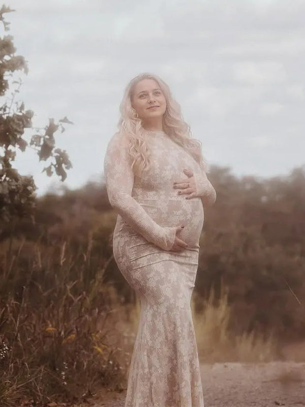 Lace-Long Sleeve Floral Mermaid Bodycon Maternity Maxi Dress