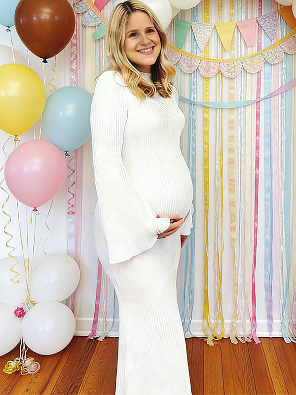 Casualwear- White Long Sleeves Bodycon Maternity Maxi Dress