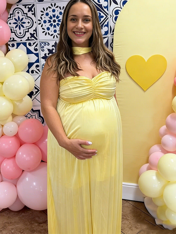 Chic-Light Yellow Off-Shoulder Pleated Maternity Maxi Dress