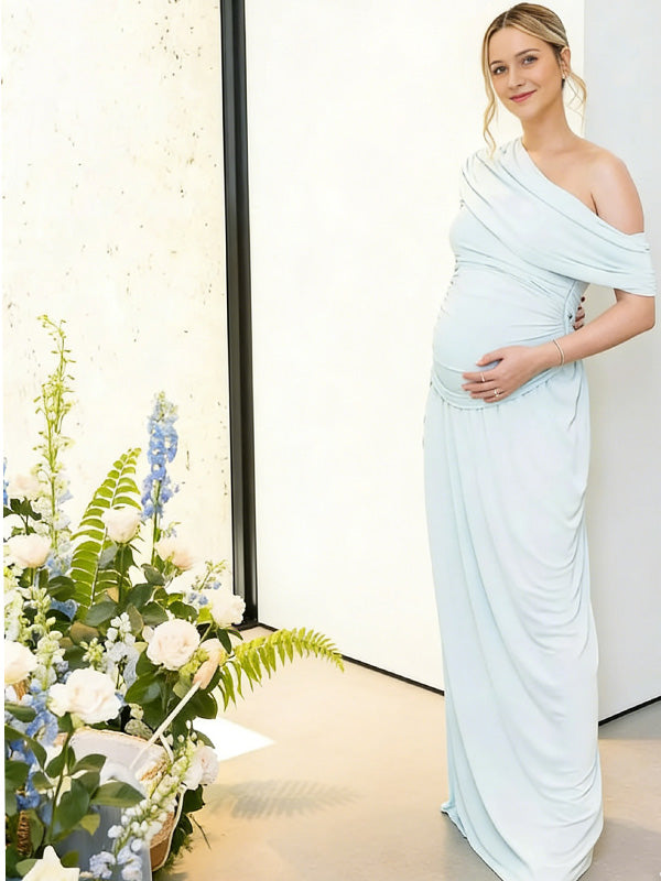 Chic-Light Blue One-Shoulder Ruffled Asymmetrical Maternity Maxi Dress