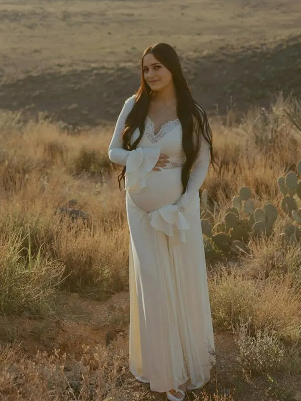 Chic- Lace Splicing V-Neck Sash Party Maternity Maxi Dress