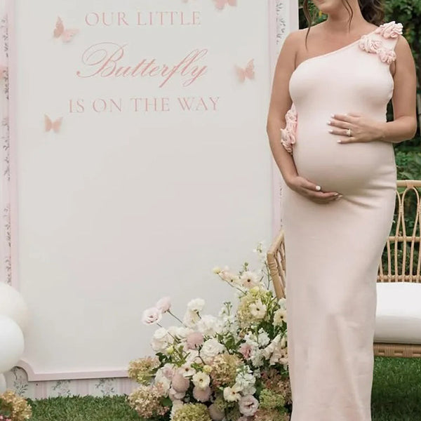 Chic-Pink Slim Fit One-shoulder 3D Flowers Maternity Maxi Dress