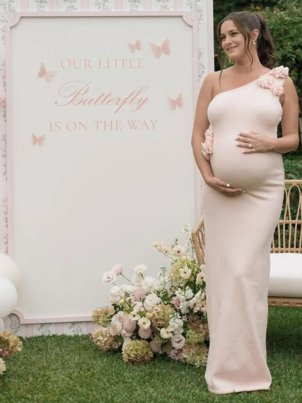 Chic-Pink Slim Fit One-shoulder 3D Flowers Maternity Maxi Dress