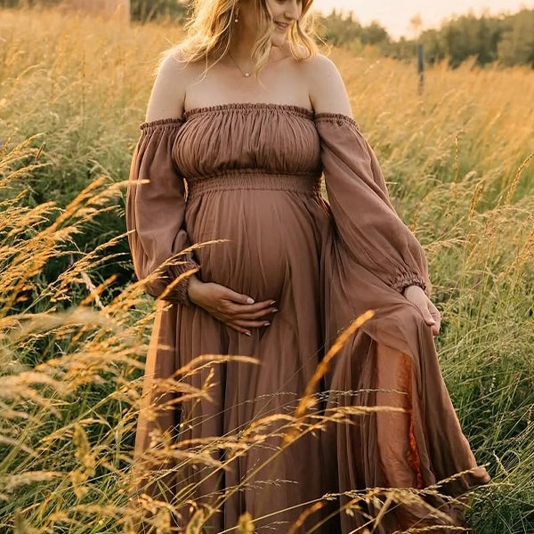 Chic-  Vintage Off Shoulder Puff sleeve Maternity Photoshoot Gown