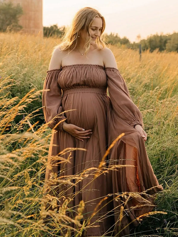 Chic-  Vintage Off Shoulder Puff sleeve Maternity Photoshoot Gown