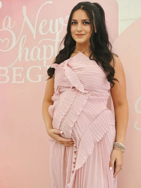 Chic-Pink Asymmetric Ruffle Pleated Maternity Maxi Dress