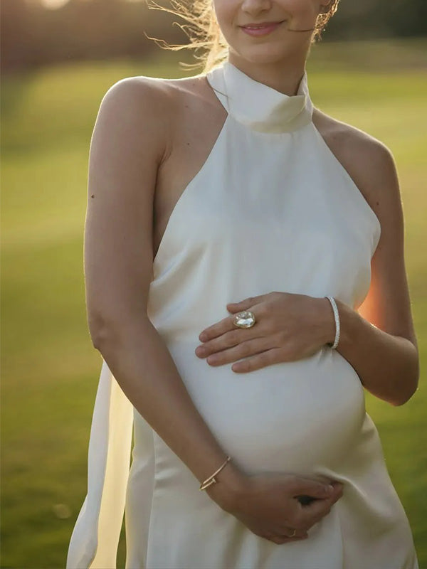 Chic-White Halter Tie-Back Maternity Maxi Dress