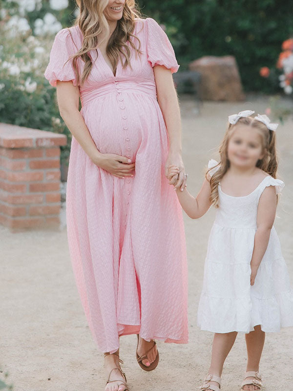 Casualwear-Puff Sleeve Linen Maternity Maxi Dress