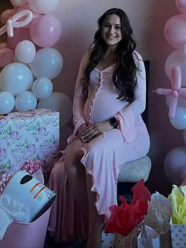 Chic-V-neck Bell-Sleeve Ruffled Slit Maternity Maxi Dress