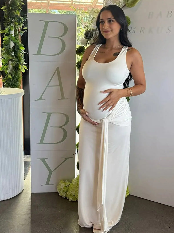 Chic-White Tie Waist Slim-Fit U-Neck Sleeveless Tank Maternity Maxi Dress