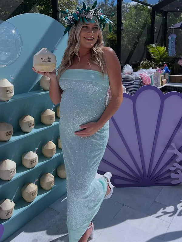 Sparking-Off-the-Shoulder Sequin Maternity Maxi Dress