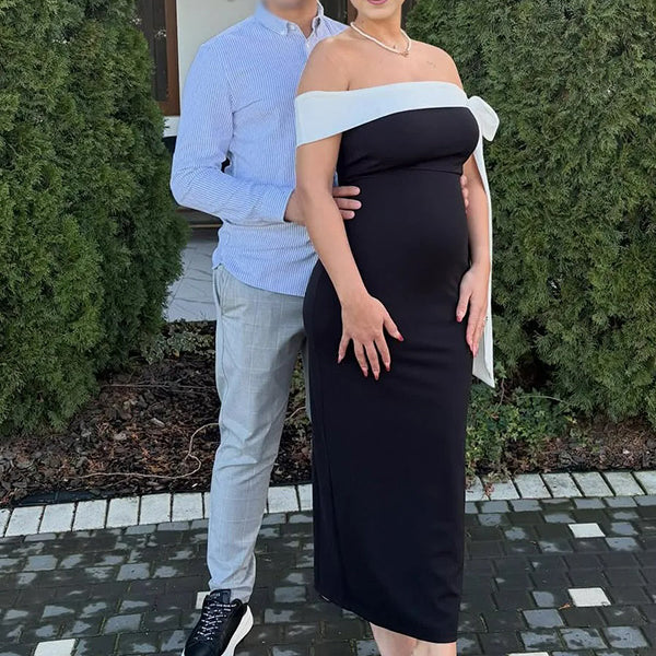 Chic-Black Off-Shoulder Bow-Detail Fitted Maternity Photoshoot Dress