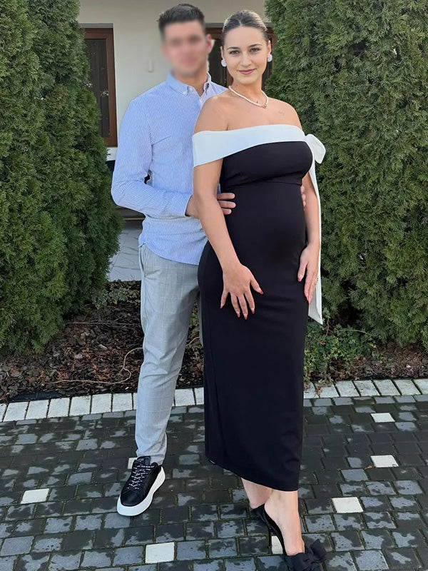 Chic-Black Off-Shoulder Bow-Detail Fitted Maternity Photoshoot Dress
