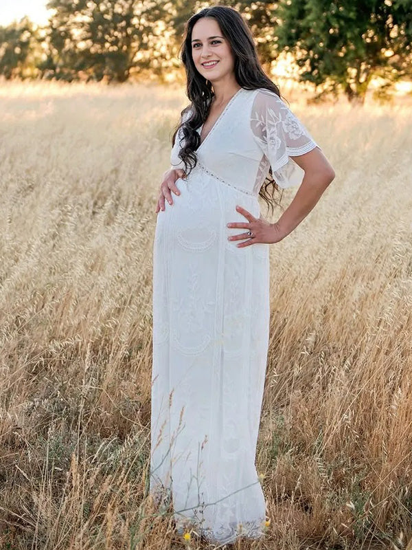 Lace-White Embroidery Maternity Photoshoot Maxi Dress