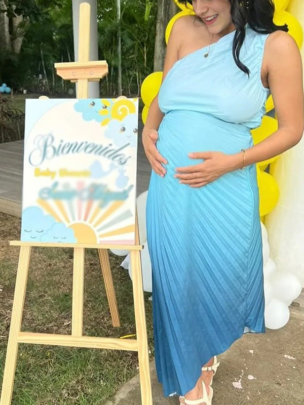Chic-Blue Gradient Off-Shoulder Pleated Full-Skirt Maternity Maxi Dress