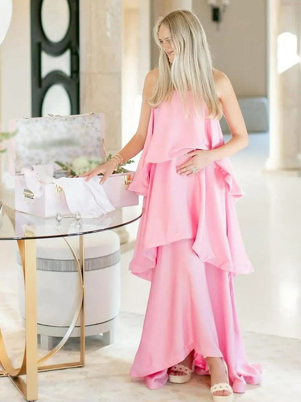 Casualwear-Pink Multi-Layer Ruffled Spaghetti Strap Maternity Maxi Dress