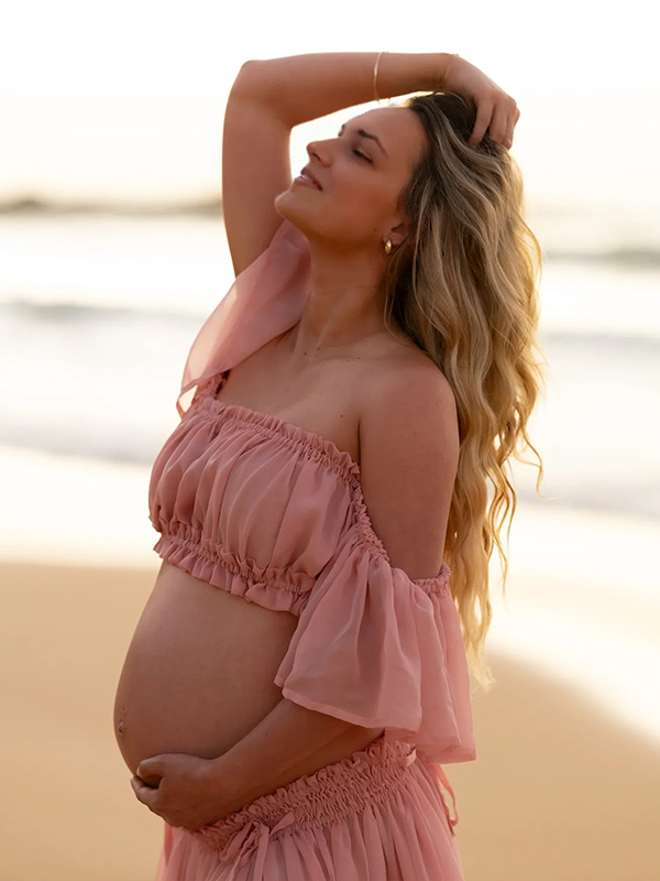 Crop-Pink Boho Two-Piece Ruffle Cap Sleeves Photoshoot Maternity Maxi Dress