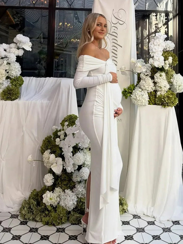 Chic- White Bodycon Off-the-Shoulder Tie-Detail Long-Sleeve Maternity Maxi Dress