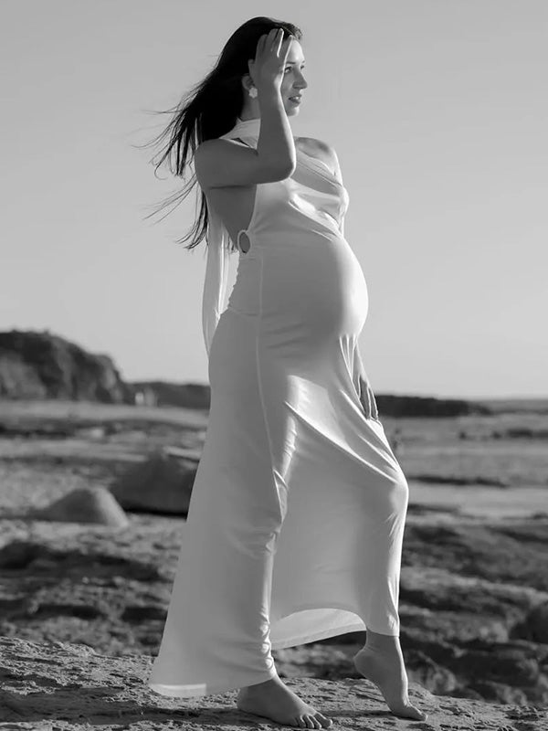 Chic- Bodycon Backless Ruched Maternity Phootshoot Maxi Dress