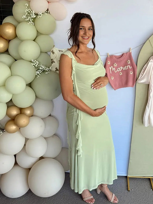 Casualwear-Square Neck Strapless Flowing Sash Maternity Dress