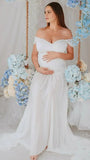 Chic- White Off Shoulder Flowy Maternity Maxi Dress