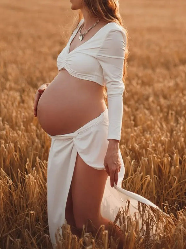 Crop-Two- Piece High Slit Backless Maternity Phootshoot Maxi Dress