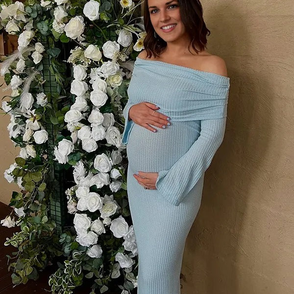 Chic- Knitting Off Shoulder Ruched Bodycon Flare Long Sleeve Maternity Sweater Maxi Dress