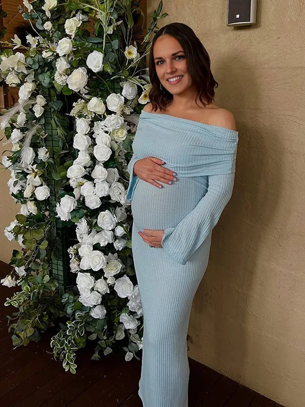 Chic- Knitting Off Shoulder Ruched Bodycon Flare Long Sleeve Maternity Sweater Maxi Dress
