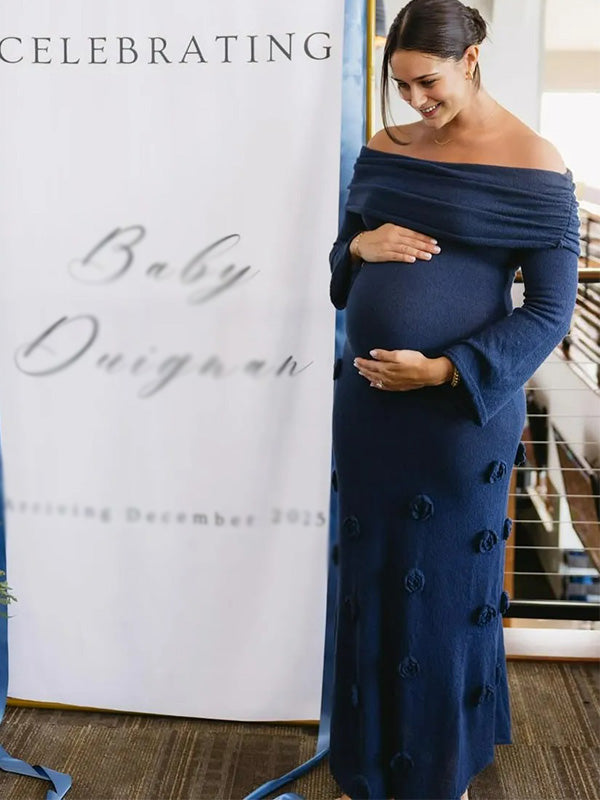 Chic- Blue One-Shoulder 3D Floral Long Slevees Knit Maternity Dress