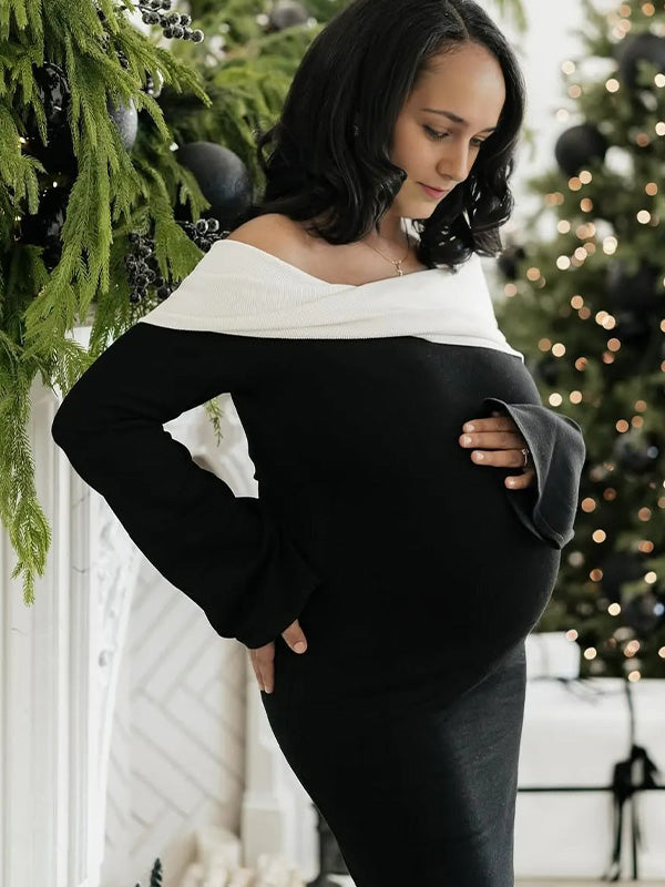 Chic-White and Black Off Shoulder Contrast Fold Maternity Maxi Dress