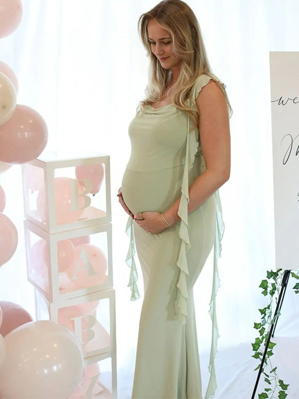 Chic-Ruffle Strap Backless Maternity Maxi Dress