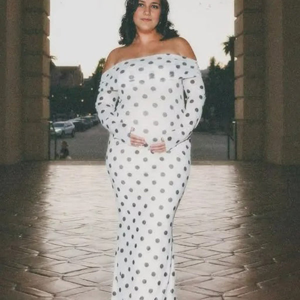 Chic-Polka Dot Off-Shoulder Backless Bodycon Maternity Maxi Dress