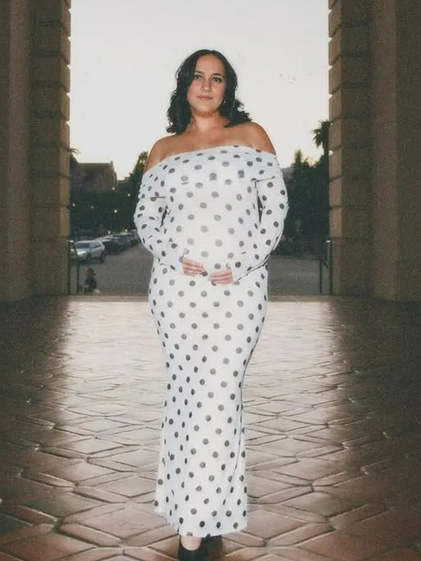 Chic-Polka Dot Off-Shoulder Backless Bodycon Maternity Maxi Dress