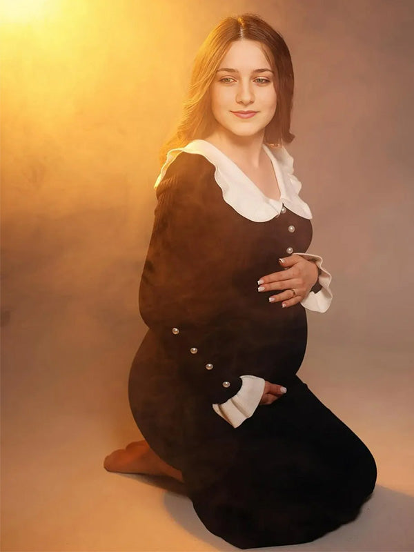 Casualwear-Black Long  Ruffle Sleeve Bodycon Maternity Maxi Dress