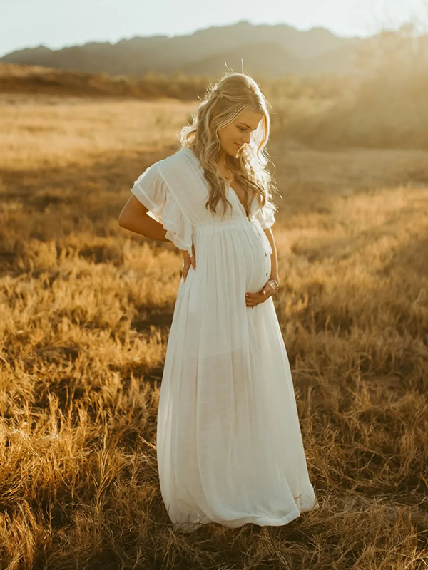 Chic-White Line Ruffle Boho V-Neck Photoshoot Maternity Maxi Dess
