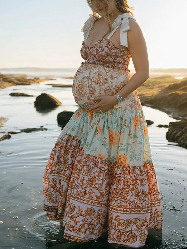Casualwear- Vintage Floral Backless Baby Shower Photoshoot Maternity Maxi Dress