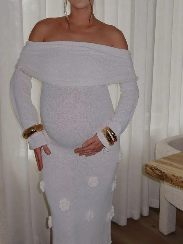 Chic-White Off-Shoulder 3D Floral Long-Sleeve Knit Maternity Maxi Dress