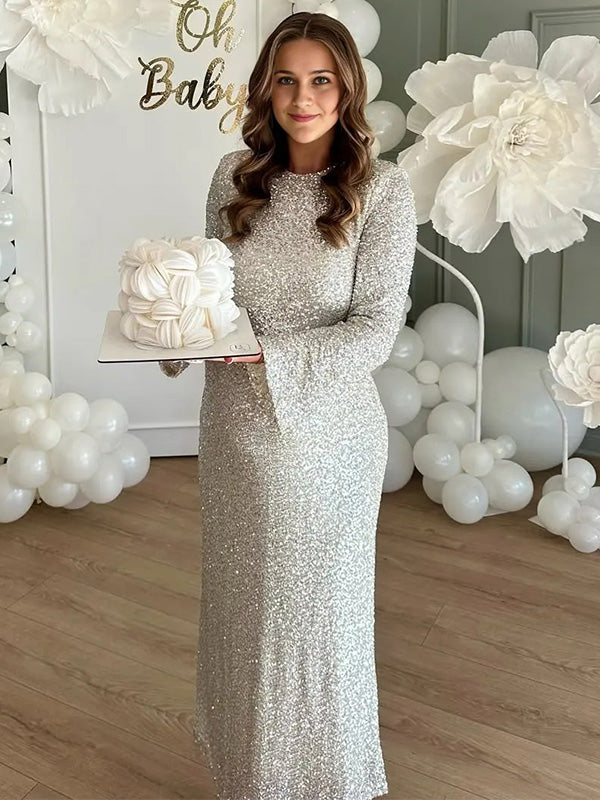 Sparking-Sequins Long-Sleeve A- Line Maternity Photoshoot Dress