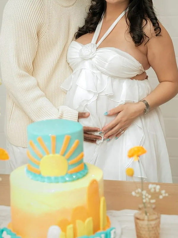 Chic-Ruffle Halter Neck Maternity Maxi Dress