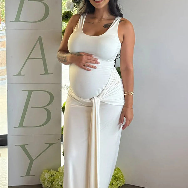 Chic-White Tie Waist Slim-Fit U-Neck Sleeveless Tank Maternity Maxi Dress