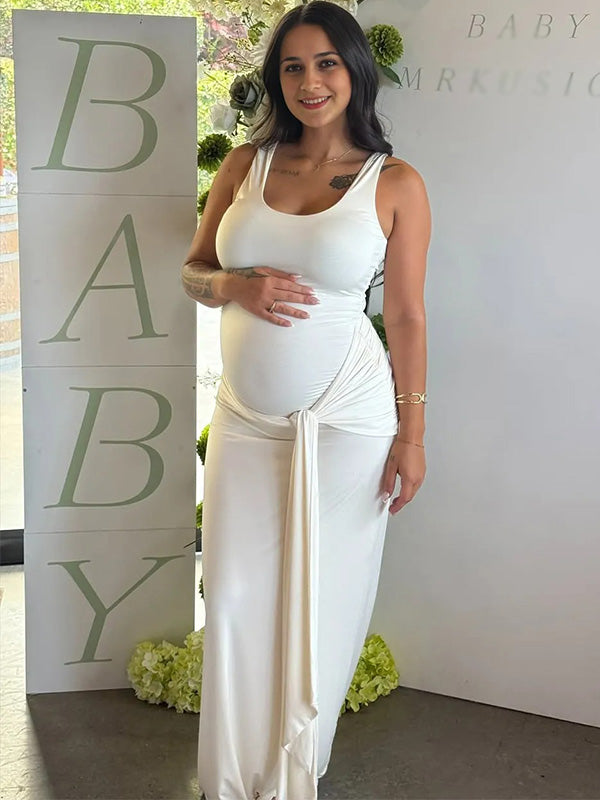 Chic-White Tie Waist Slim-Fit U-Neck Sleeveless Tank Maternity Maxi Dress